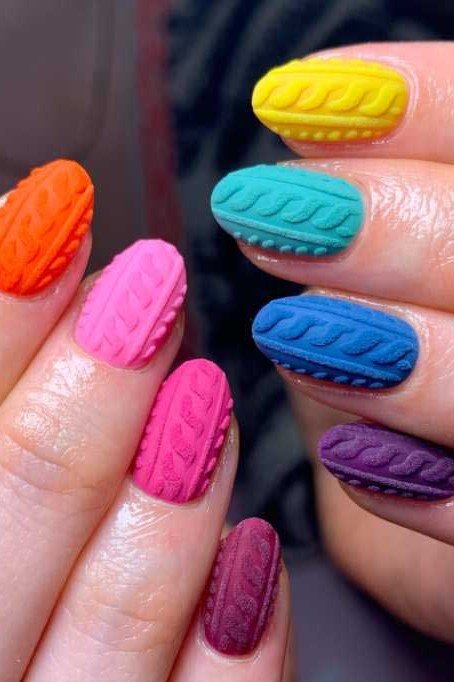 23. Rainbow Cable-Knit Nails - cozy knit winter nails for women over 60