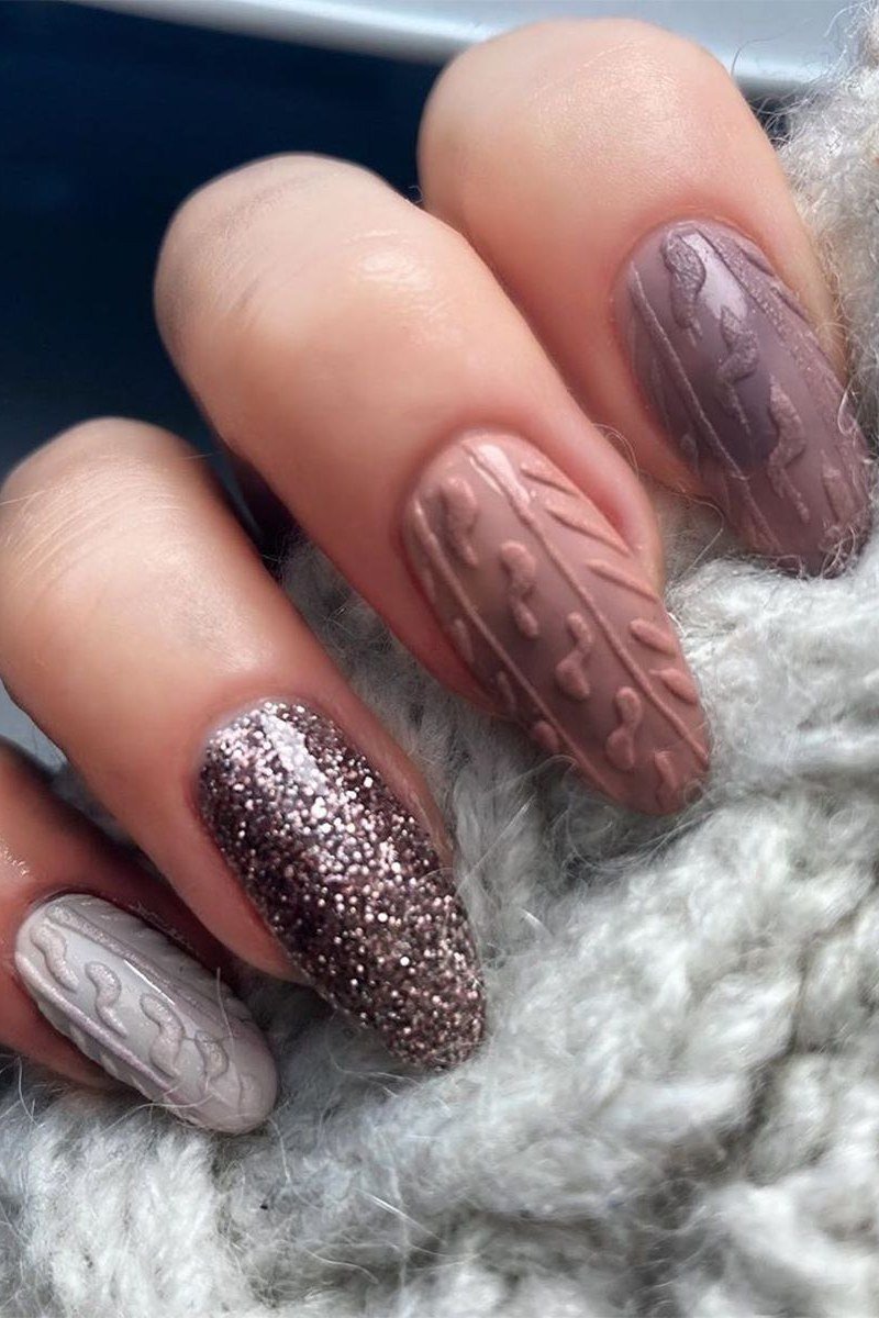 24. Mauve Cable-Knit Nails with Glitter - cozy knit winter nails for women over 60