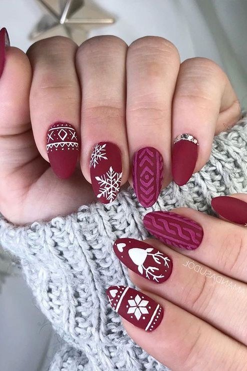 26. Cranberry Red Festive Knit Nails - cozy knit winter nails for women over 60
