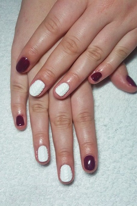 27. Burgundy and Cream Cable-Knit Nails - cozy knit winter nails for women over 60
