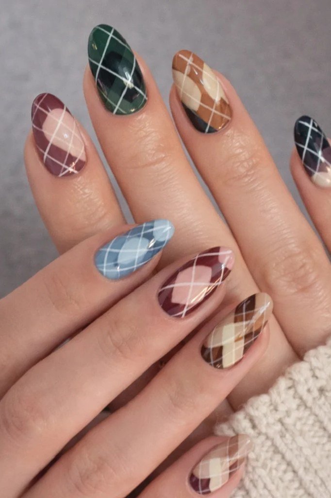 44. Autumn Plaid Argyle Nails - cozy knit winter nails for women over 60