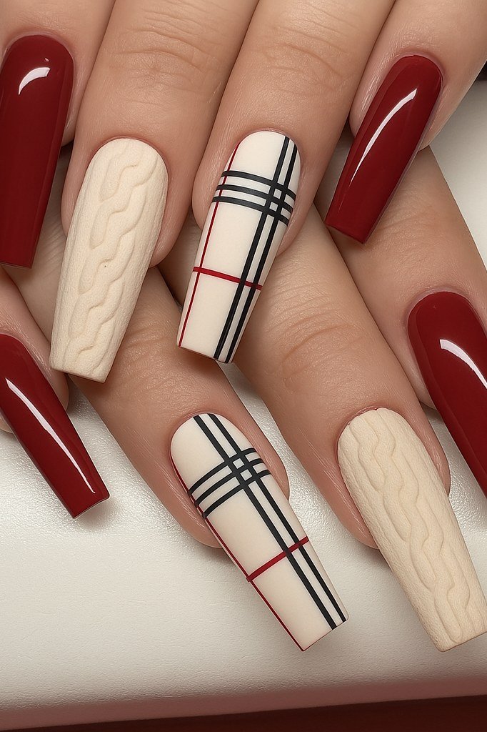 46. Crimson Plaid and Cable-Knit Nails - cozy knit winter nails for women over 60
