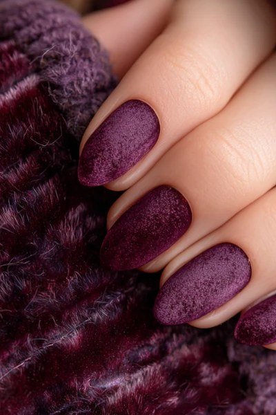 53. Deep Purple Velvet Nails - cozy knit winter nails for women over 60