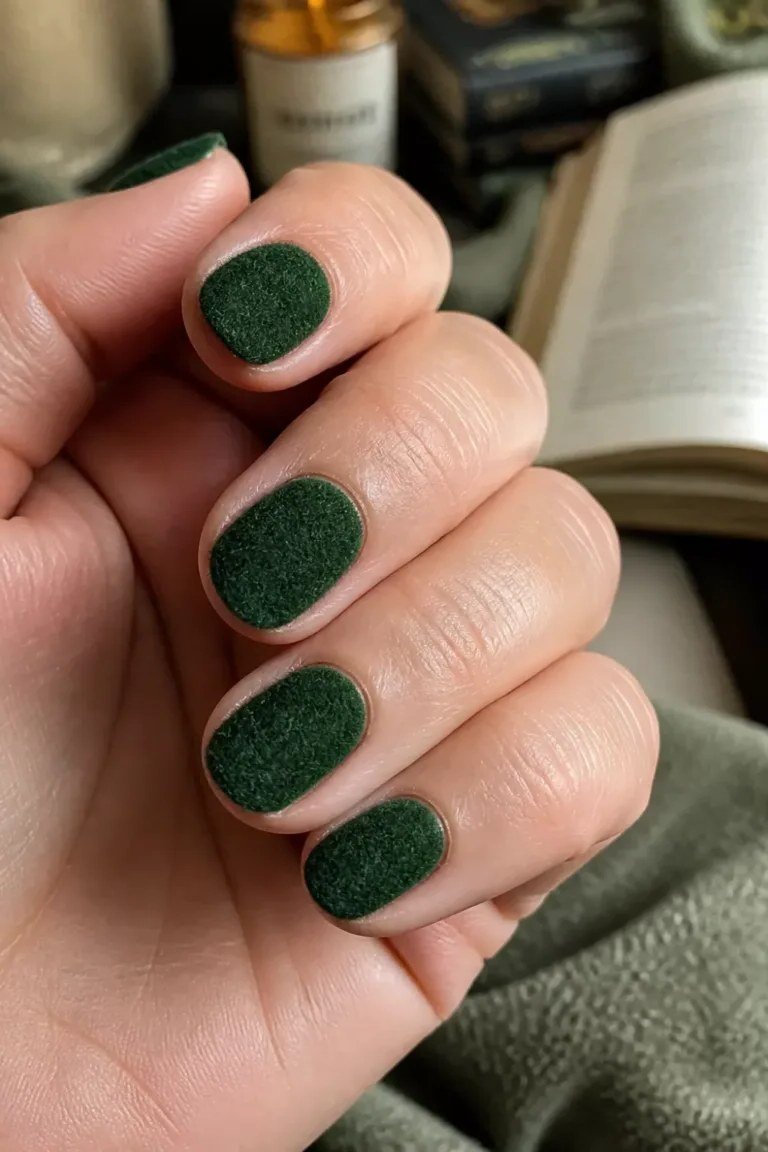 54. Forest Green Fuzzy Velvet Nails - cozy knit winter nails for women over 60