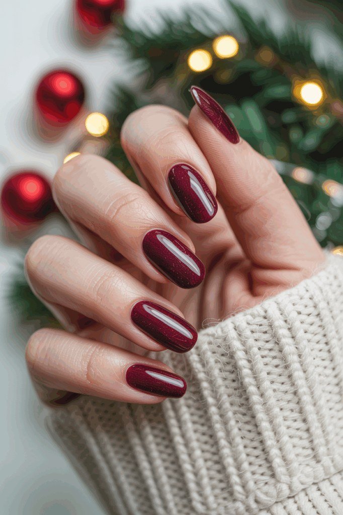 57. Burgundy Velvet Nails in a Christmas Setting - cozy knit winter nails for women over 60