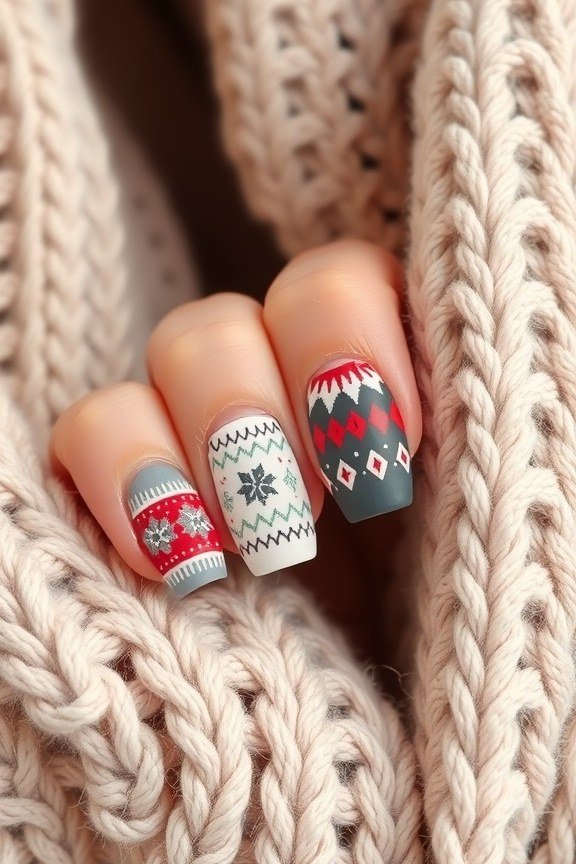 48. Nordic Fair-Isle Knit Accent Nails - cozy knit winter nails for women over 60