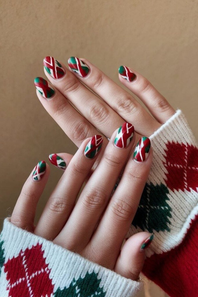 49. Holly Green and Red Argyle Sweater Nails - cozy knit winter nails for women over 60