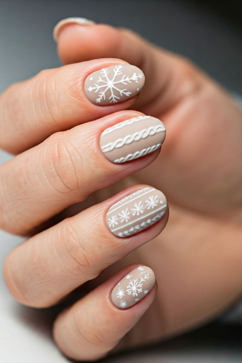 4. Champagne Cable-Knit Nails with Snowflakes - cozy knit winter nails for women over 60