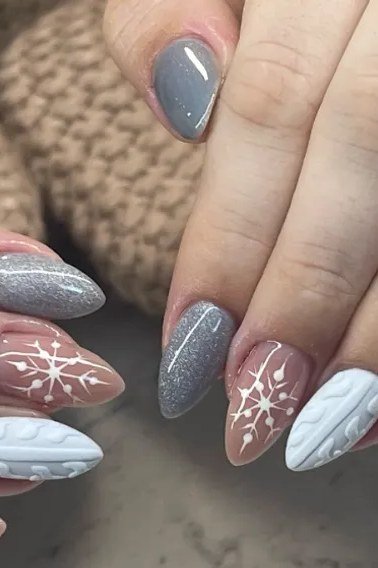 61. Silver Frost Snowflake Knit Nails - cozy knit winter nails for women over 60