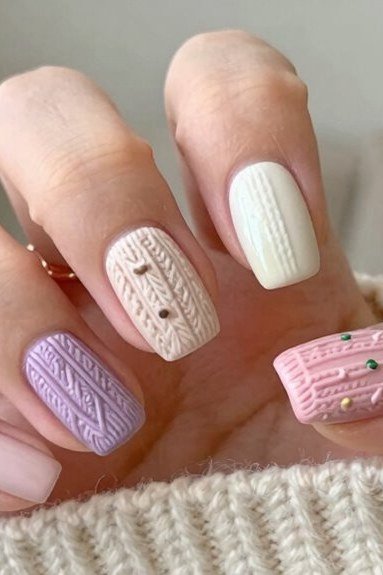 29. Pink and Lilac Cable-Knit Nails - cozy knit winter nails for women over 60