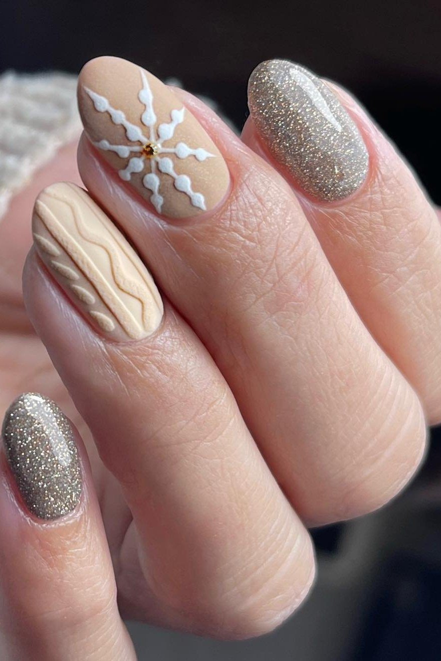 5. Silver Glitter and Beige Knit Nails - cozy knit winter nails for women over 60