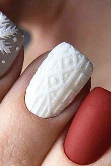 62. Candy Red and White Snowflake Knit Nails - cozy knit winter nails for women over 60