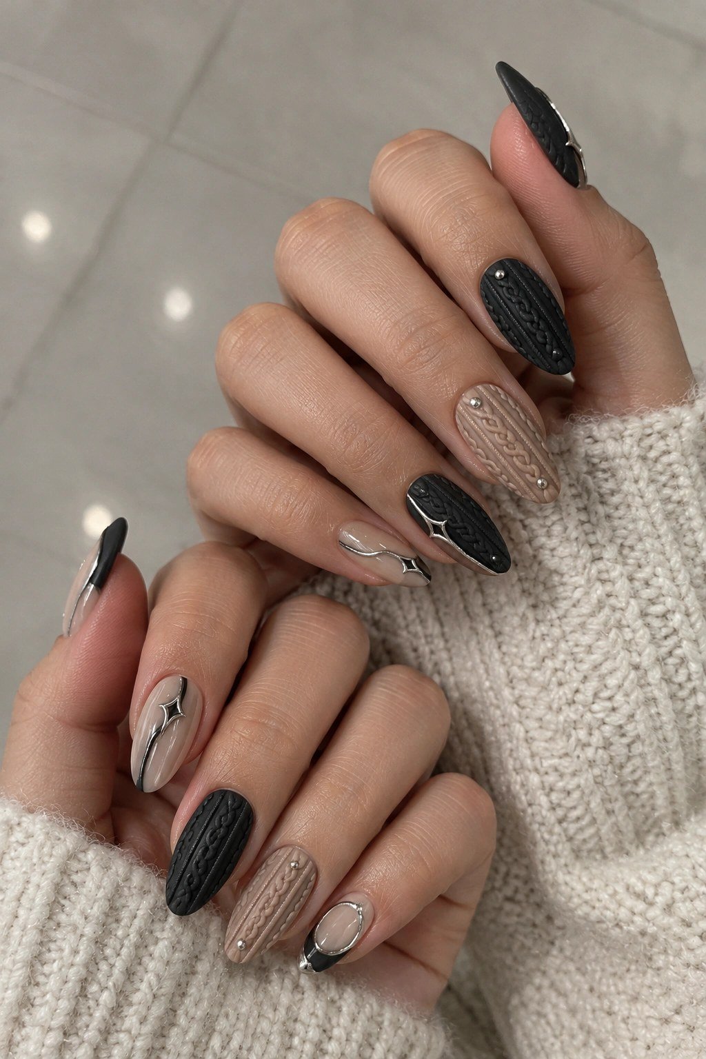 67. Black and Nude Cable-Knit Nails with Metallic Accents - cozy knit winter nails for women over 60