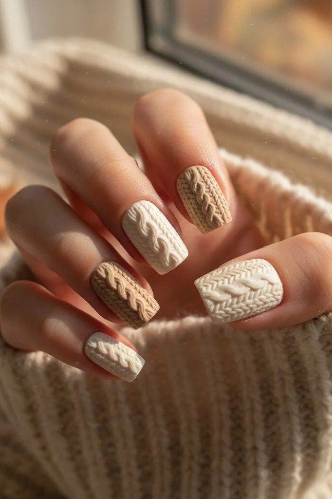 7. Sand Beige Cable-Knit Nails - cozy knit winter nails for women over 60