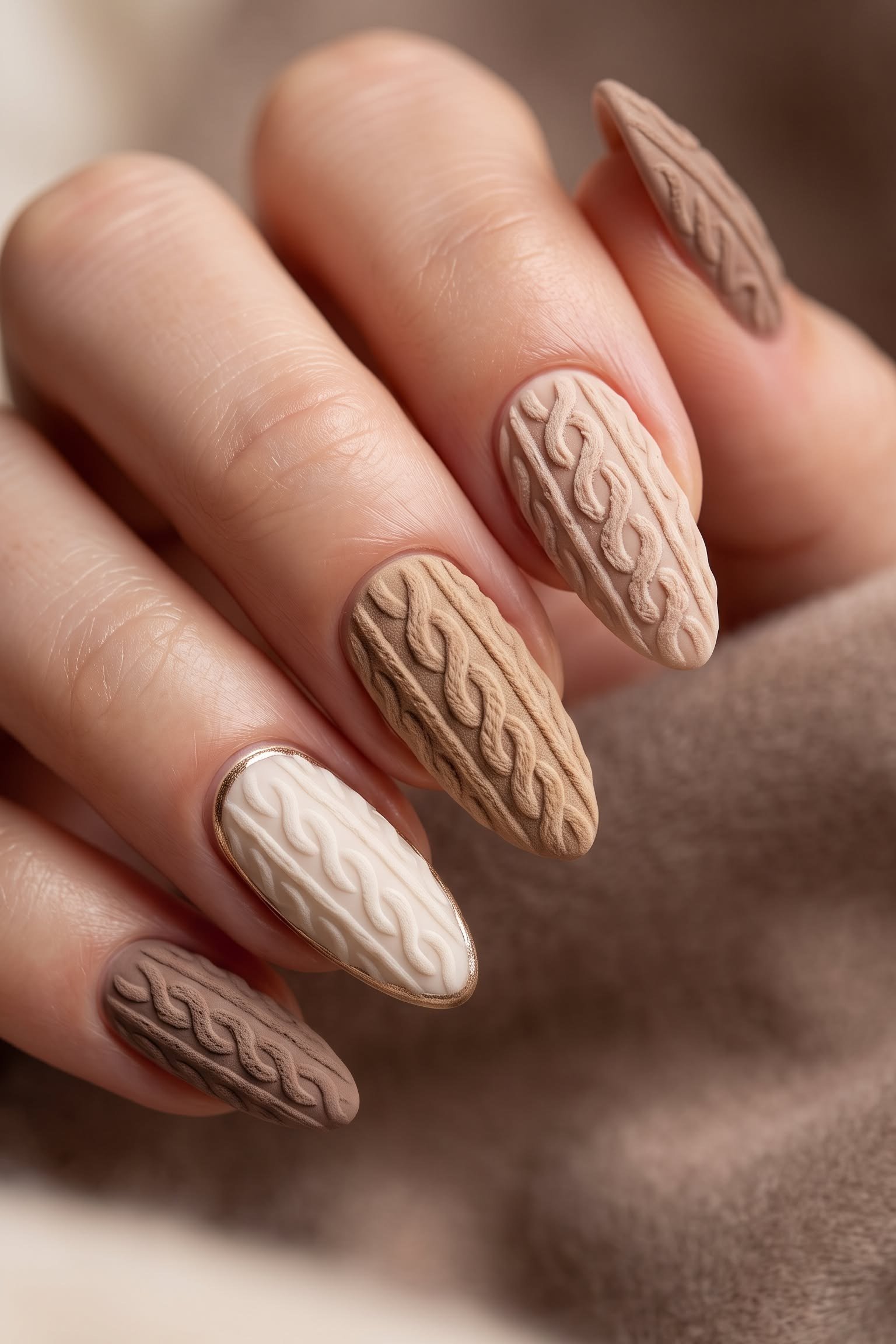 9. Mocha Brown Cable-Knit Nails - cozy knit winter nails for women over 60