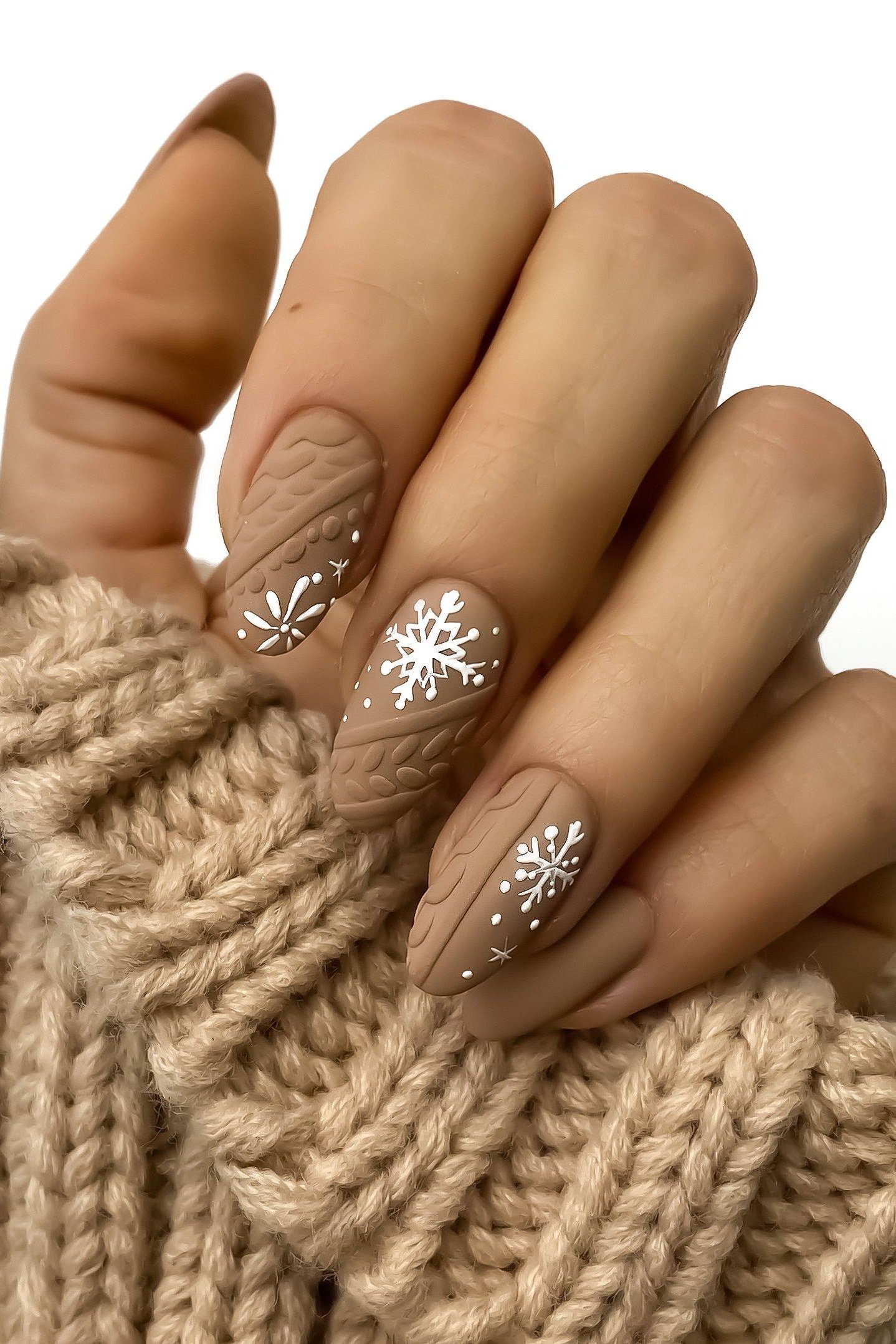 68. Caramel Knit Nails with Snowflakes - cozy knit winter nails for women over 60