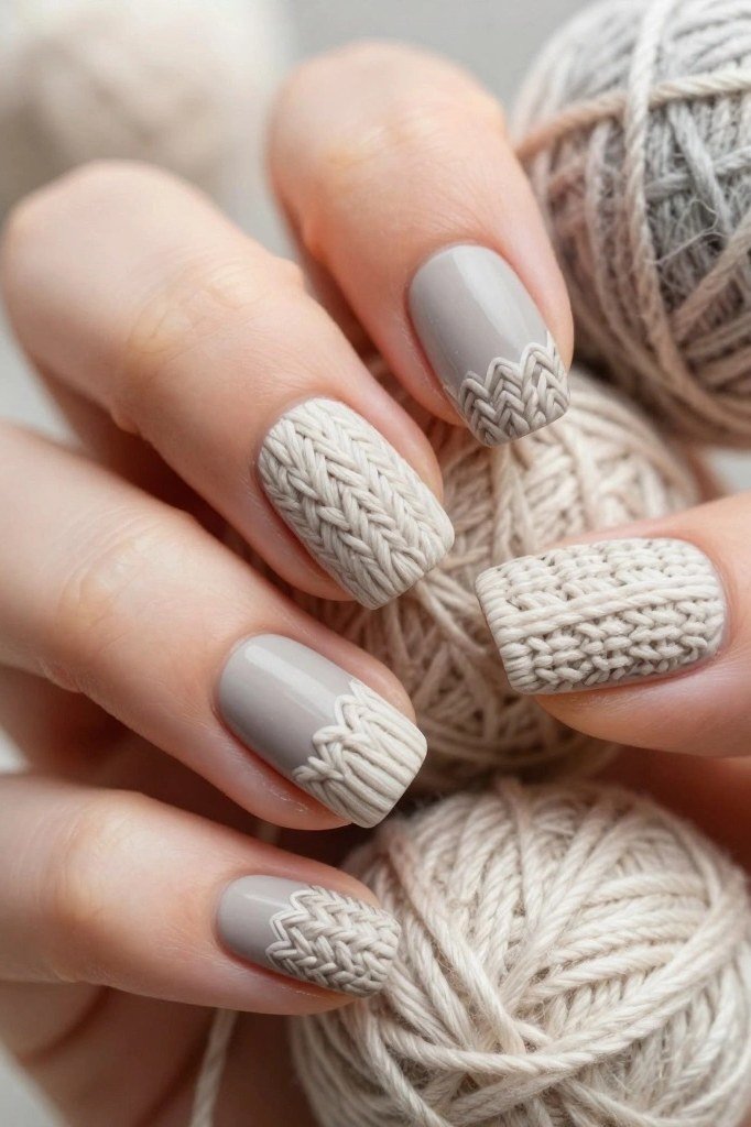12. Oatmeal Cable-Knit Nails with Yarn Ball - cozy knit winter nails for women over 60