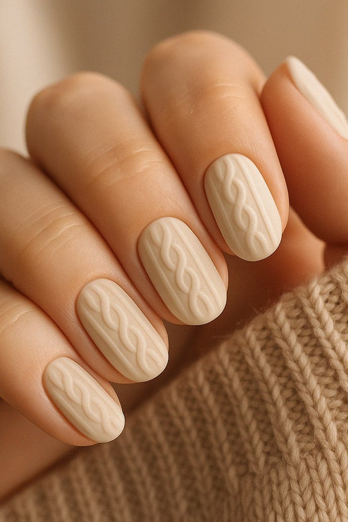13. Ivory Cable-Knit Nails - cozy knit winter nails for women over 60