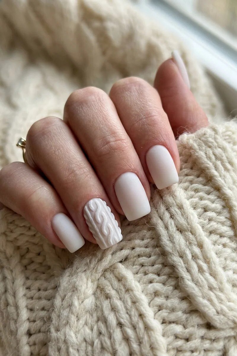 18. Creamy White Cable-Knit Nails - cozy knit winter nails for women over 60