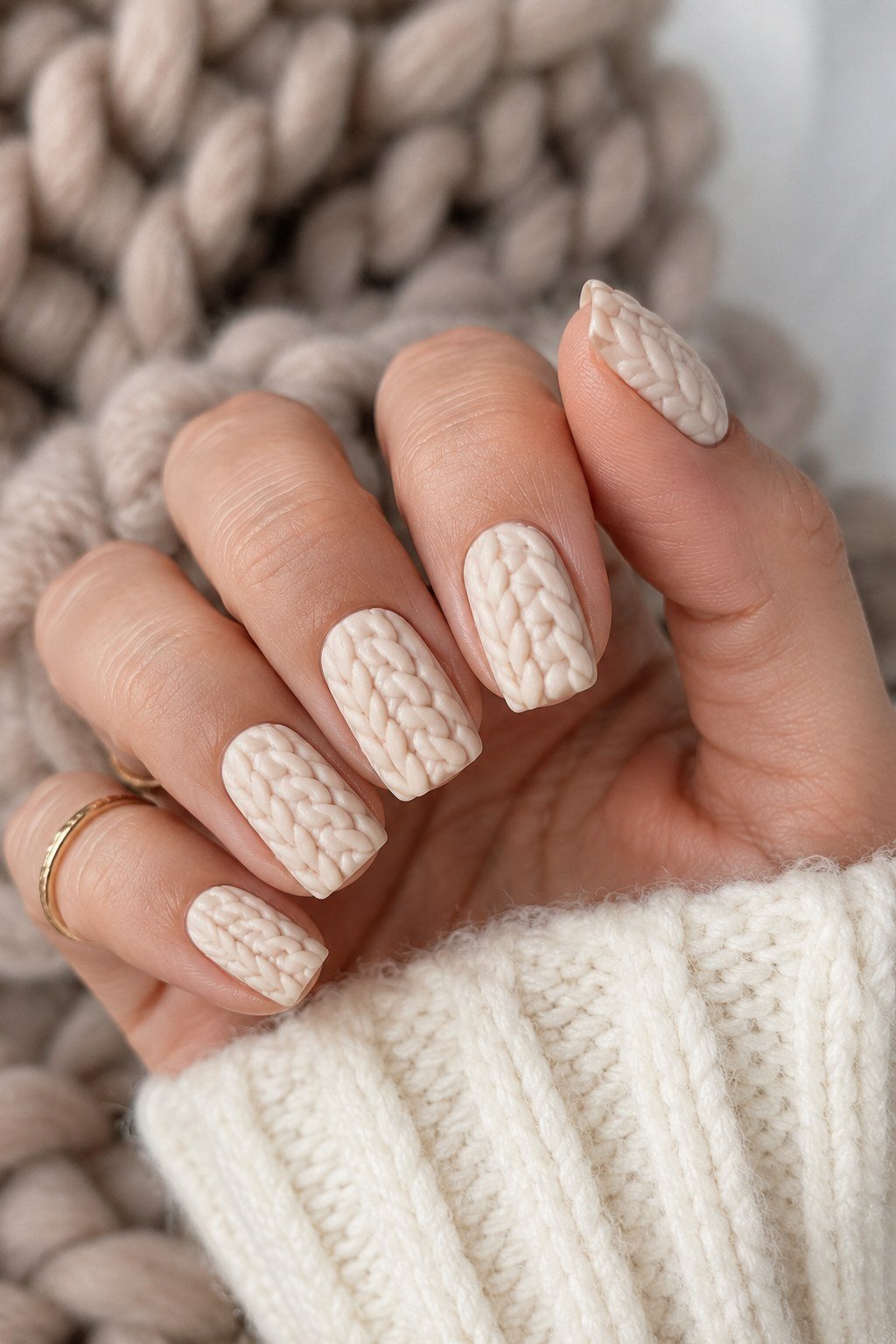 20. Cream Short Cable-Knit Nails - cozy knit winter nails for women over 60