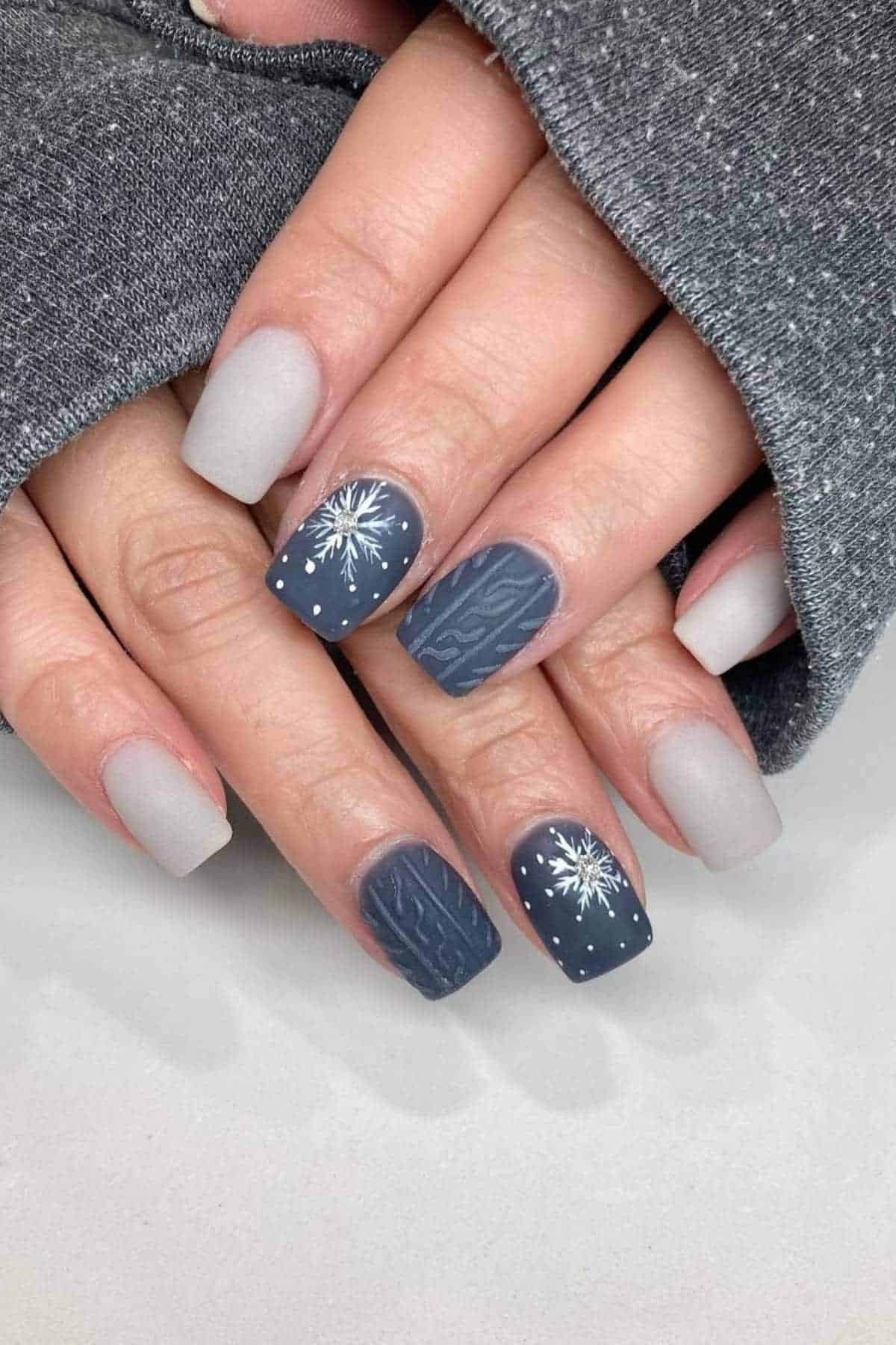 35. Slate Grey-Blue Snowflake Knit Nails - cozy knit winter nails for women over 60
