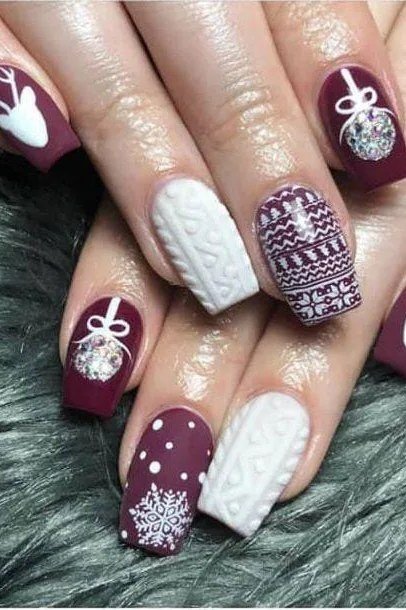 36. Festive Wine and White Knit Nails - cozy knit winter nails for women over 60