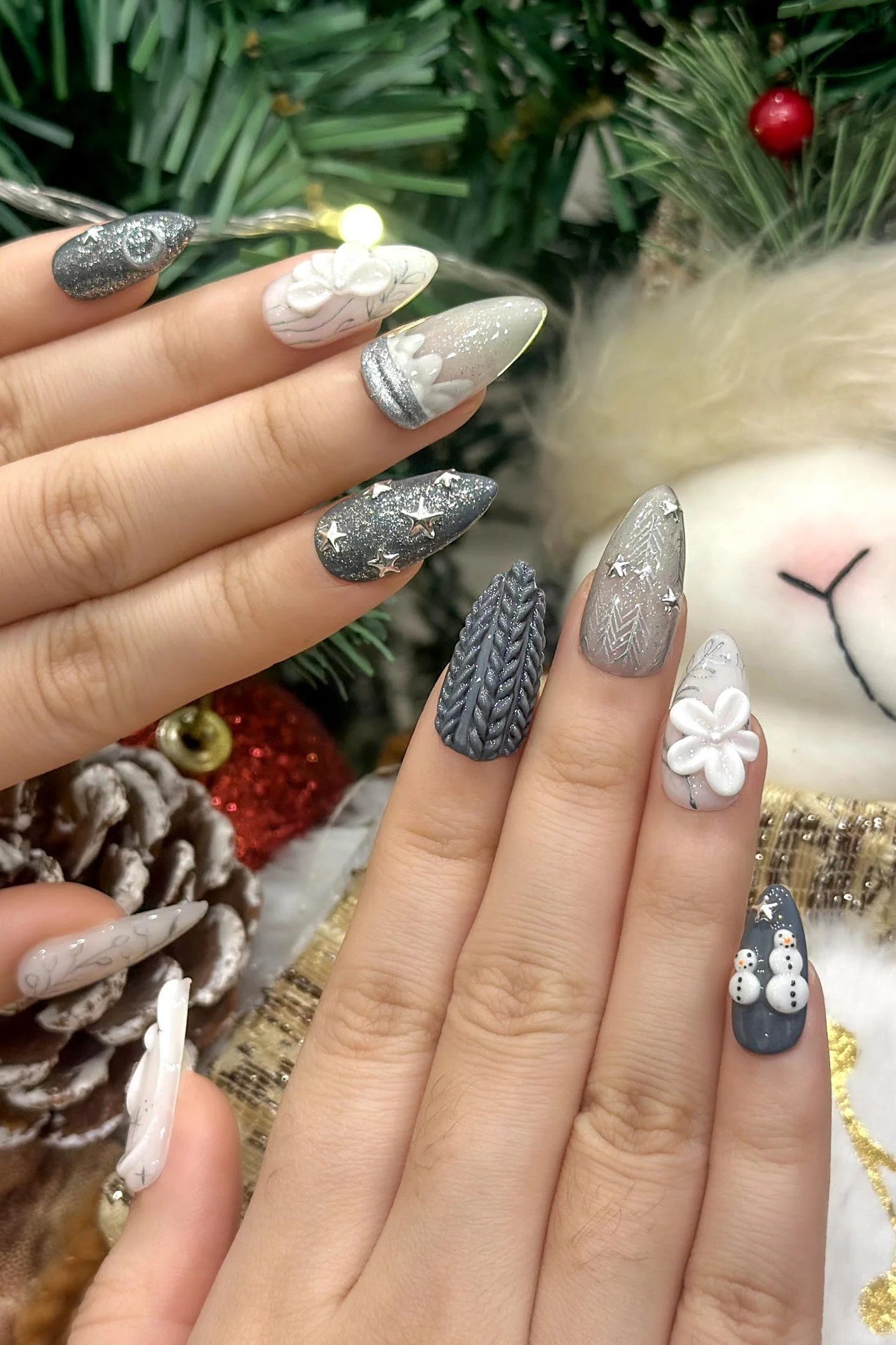 70. Silver and Grey Festive Knit Nails - cozy knit winter nails for women over 60