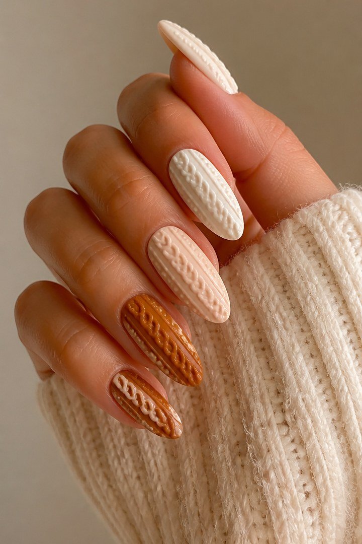 21. Copper and Cream Cable-Knit Nails - cozy knit winter nails for women over 60
