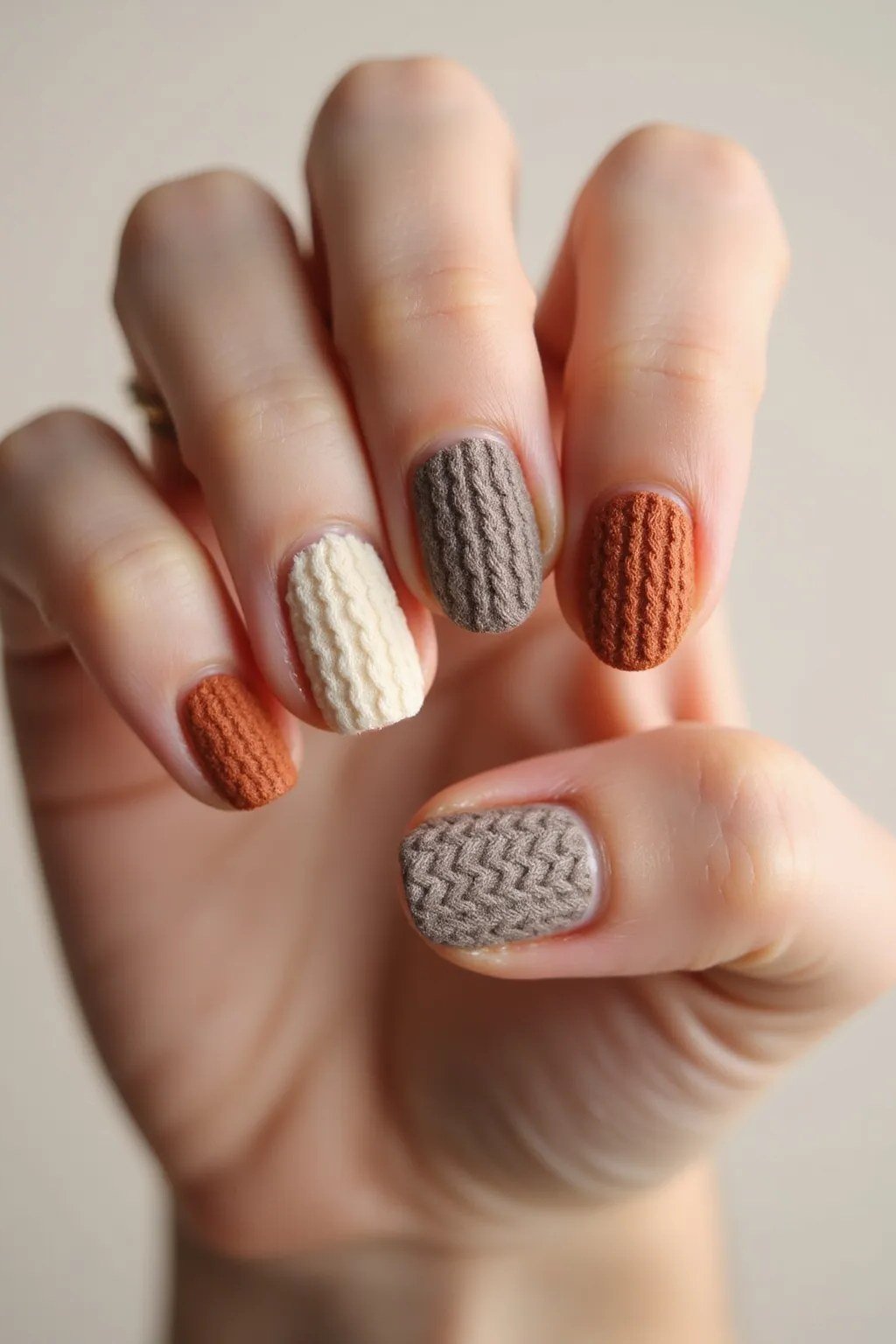 40. Rust and Grey Cable-Knit Nails - cozy knit winter nails for women over 60