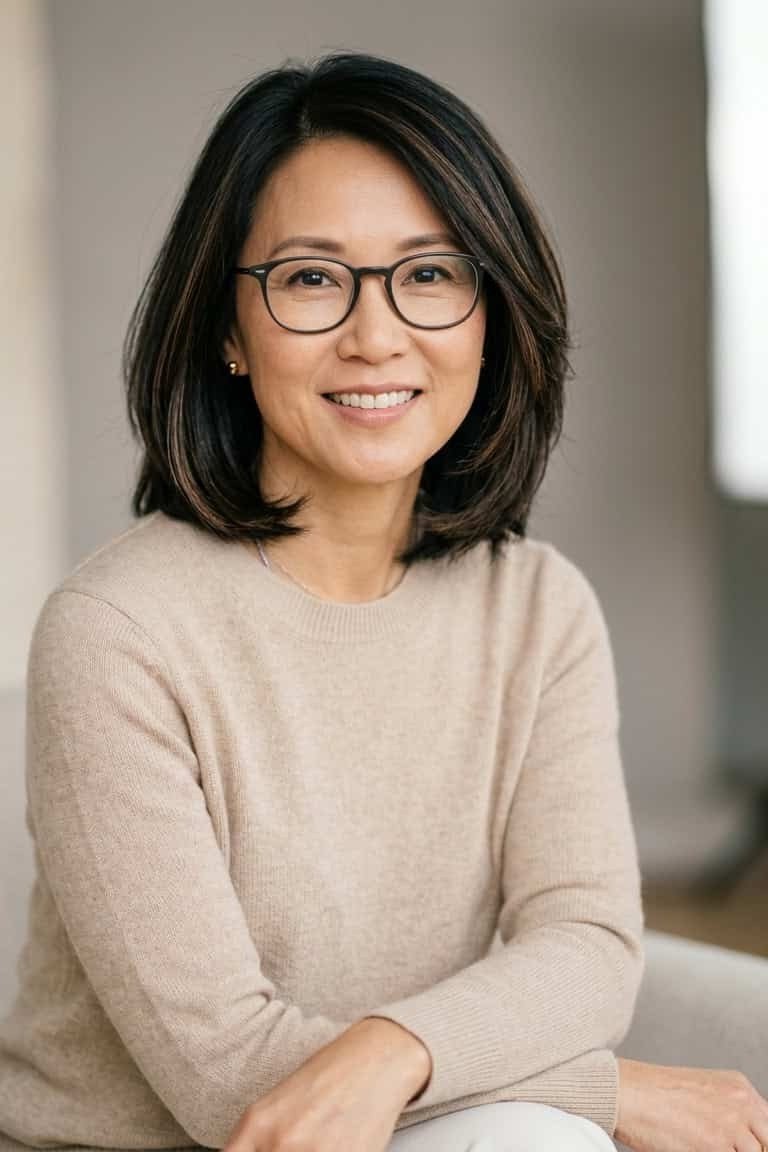 Sleek dark brown chin-length layered bob, front view