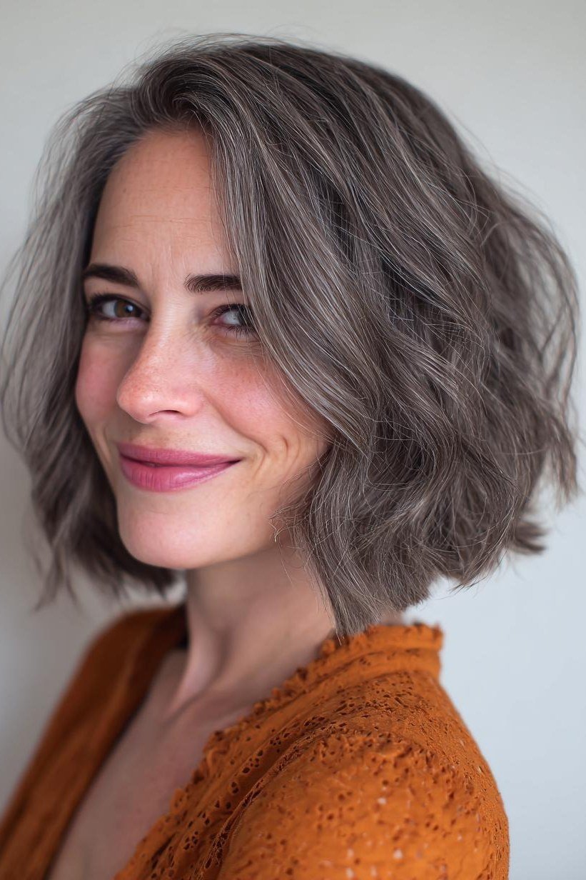 Tousled silver-grey wavy layered bob in three-quarter view