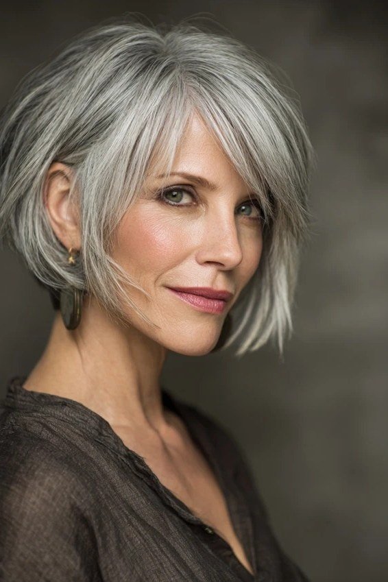 Sleek side-swept silver-grey layered bob in three-quarter view