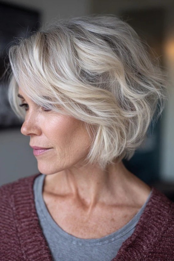 Tousled silver wavy layered bob in side view