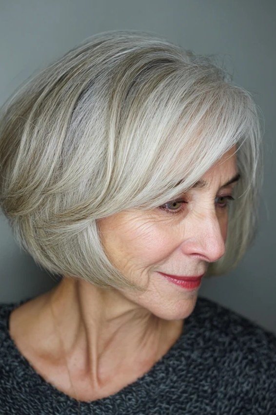 Neatly tapered silver stacked layered bob in side view