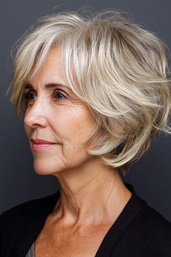 Voluminous silver-grey feathered layered bob in three-quarter view