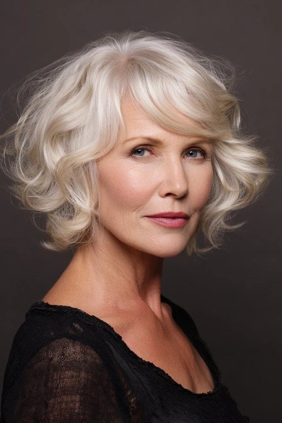 Airy white tousled layered bob in front view