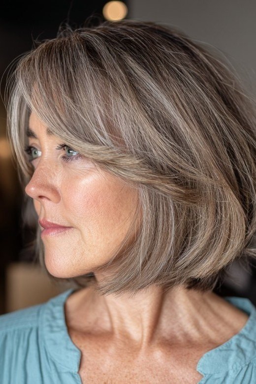 Natural grey-brown blended layered bob in side view