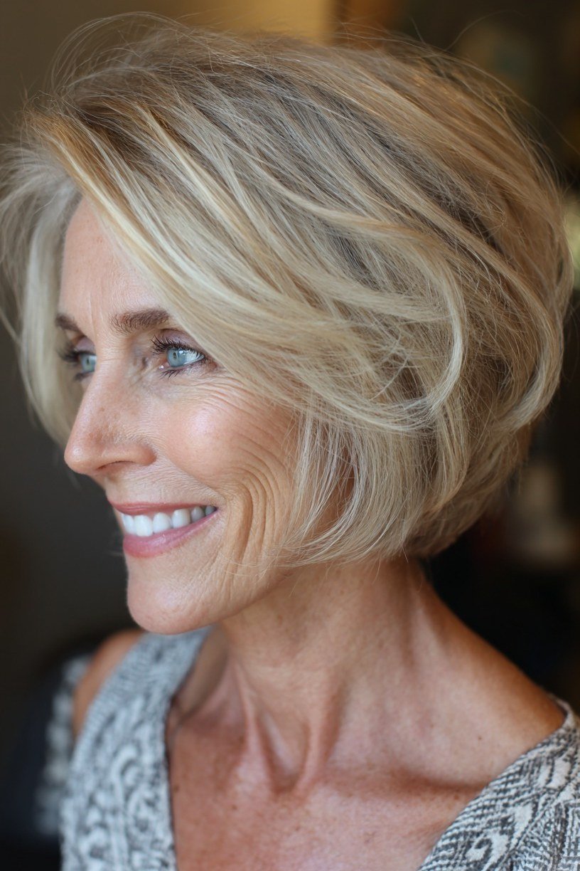 Feathered blonde layered bob in three-quarter view