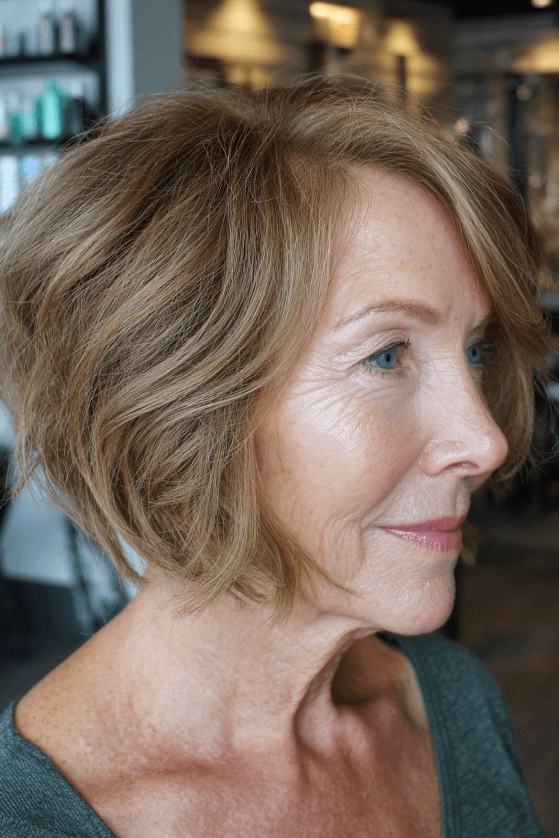 Voluminous brown layered bob in side view