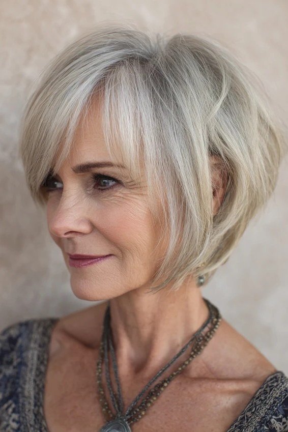 Full silver-grey feathered layered bob in three-quarter view