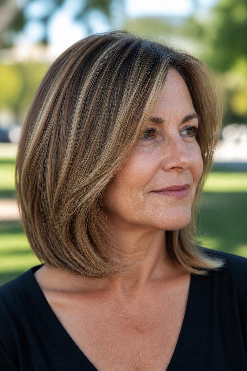 Shoulder-length brown layered lob in three-quarter front view