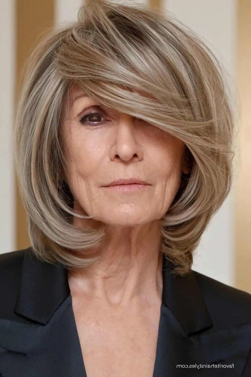 Silver layered bob with side-swept bangs, front view
