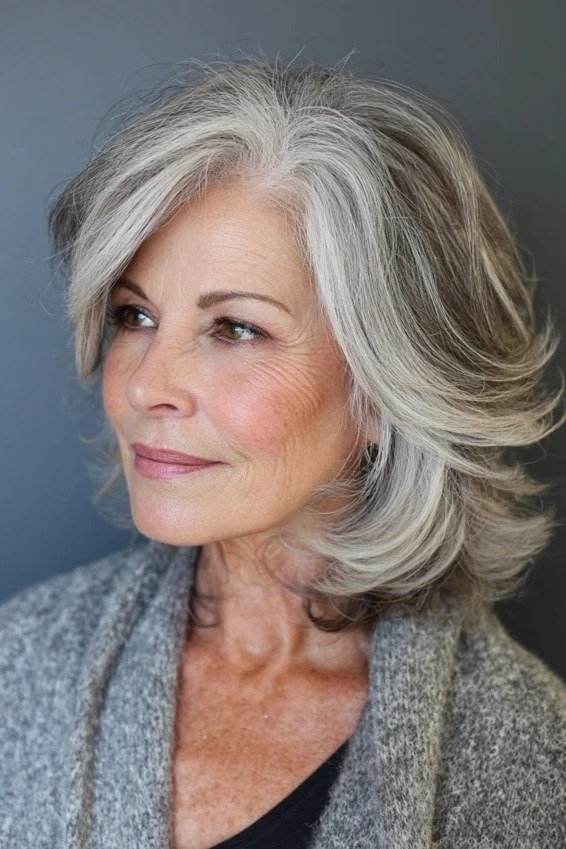 Soft textured silver-grey layered bob in three-quarter view