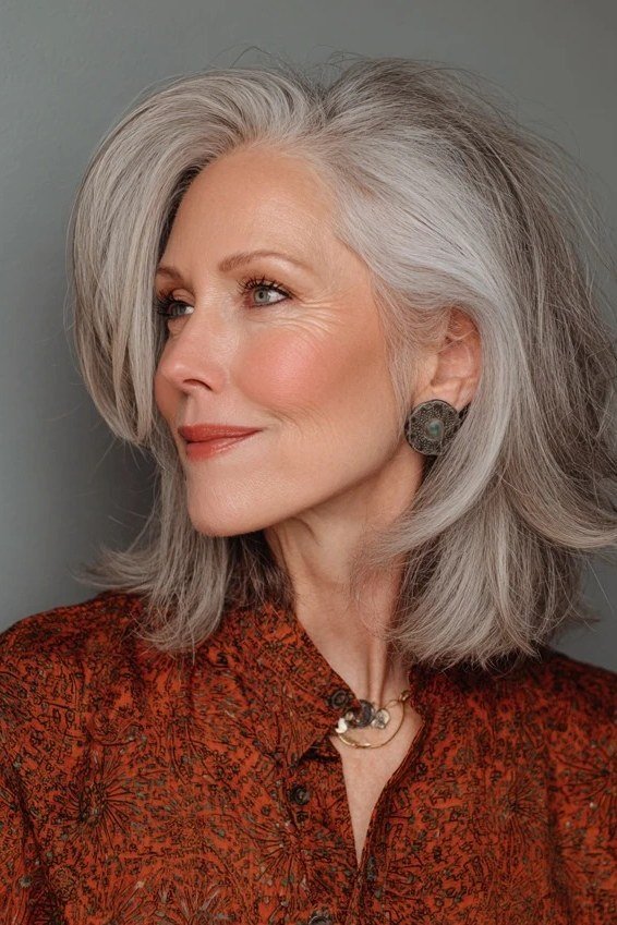 Feathered silver layered shoulder-length bob in three-quarter view