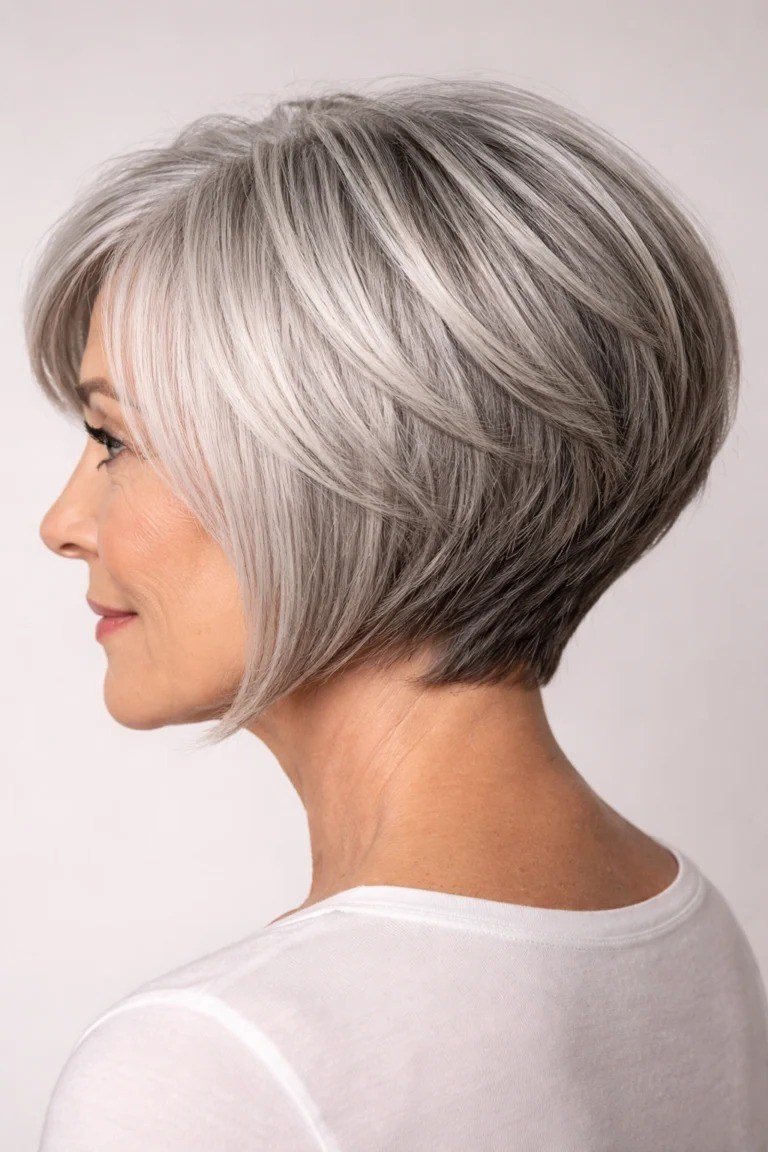 Crisp graduated silver stacked layered bob in side view