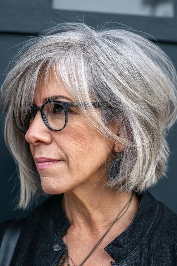 Sleek side-parted silver layered bob with glasses, side view