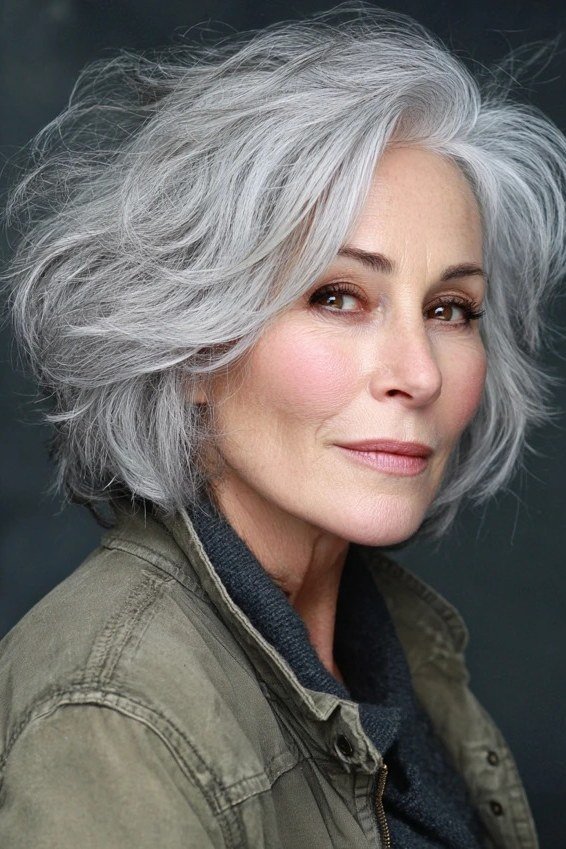 Tousled textured silver wavy layered bob in three-quarter view