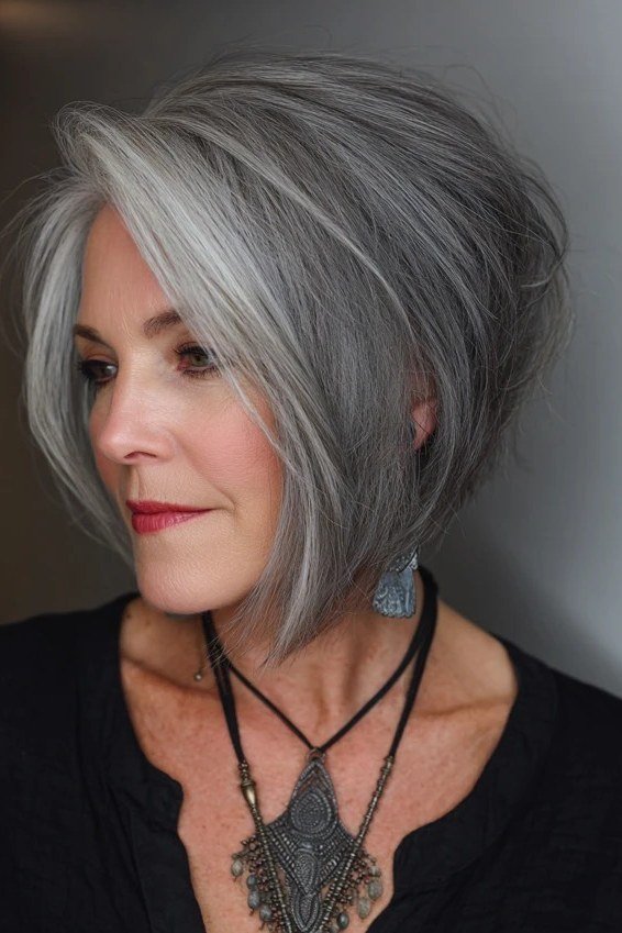 Shaggy feathered blonde layered bob in side view