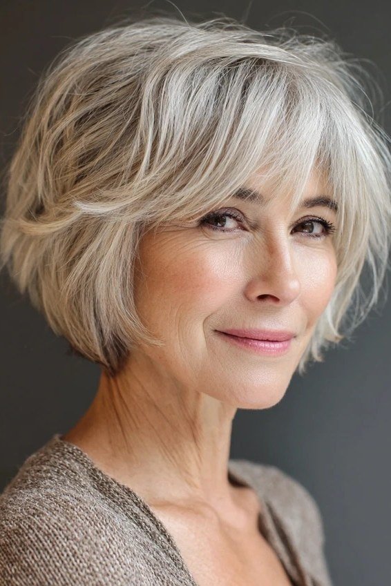 Bouncy wavy blonde layered bob in side view