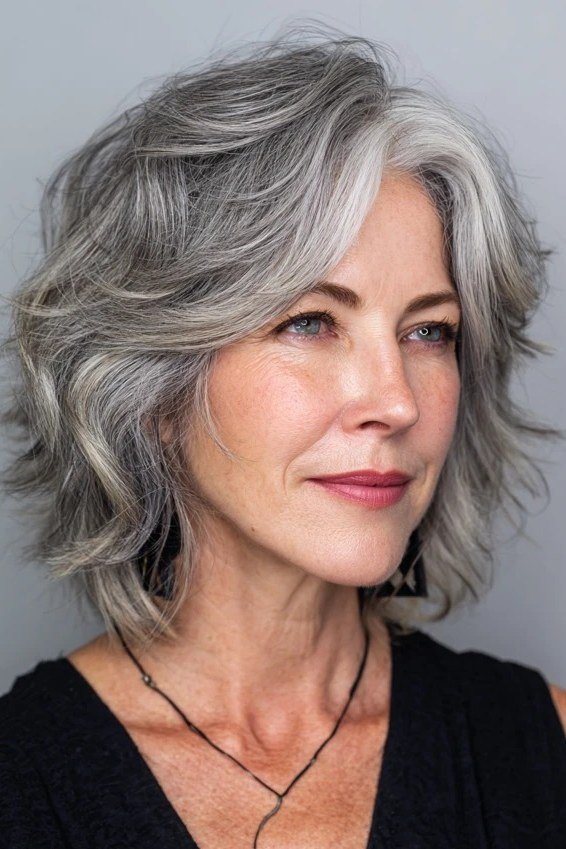 Soft side-parted blonde layered bob in three-quarter view